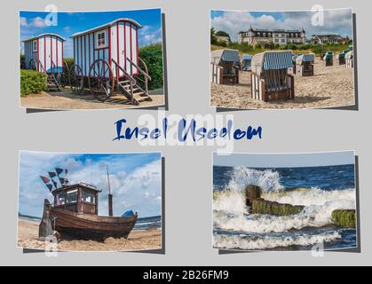 Vier verschiedene geschwungene Fotografien auf grauem Hintergrund mit der Aufschrift Insel Usedom (Insel Usedom), Mecklenburg-Vorpommern, Deutschland, Europa Stockfoto