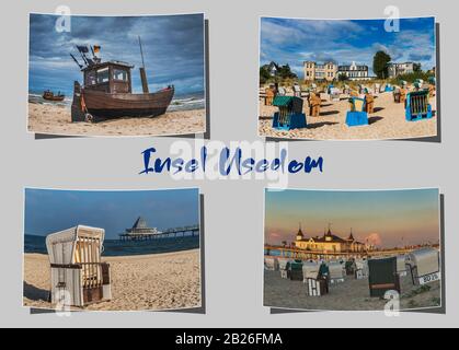 Vier verschiedene geschwungene Fotografien auf grauem Hintergrund mit der Aufschrift Insel Usedom (Insel Usedom), Mecklenburg-Vorpommern, Deutschland, Europa Stockfoto