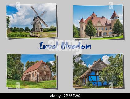 Vier verschiedene geschwungene Fotografien auf grauem Hintergrund mit der Aufschrift Insel Usedom (Insel Usedom), Mecklenburg-Vorpommern, Deutschland, Europa Stockfoto