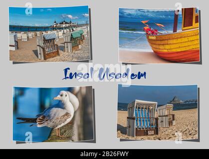 Vier verschiedene geschwungene Fotografien auf grauem Hintergrund mit der Aufschrift Insel Usedom (Insel Usedom), Mecklenburg-Vorpommern, Deutschland, Europa Stockfoto
