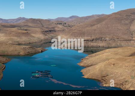 Forellenfarm in Katse Dam, Lesotho Stockfoto