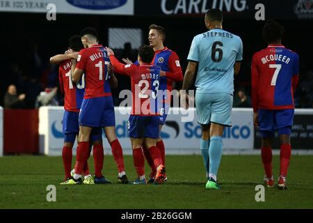 Angelo Balanta von Dagenham erzielt das dritte Tor für sein Team und feiert während Dagenham & Redbridge gegen Boreham Wood, Vanarama National League Foo Stockfoto