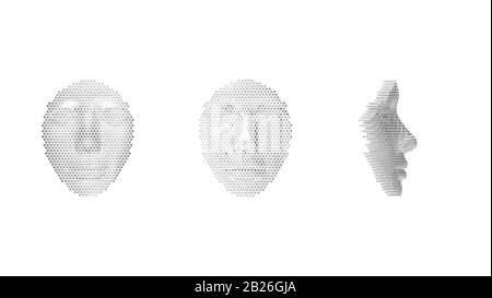 3D-Rendering eines künstlichen Gesichts aus künstlicher Intelligenz aus Metall. Stockfoto