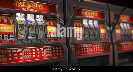 Spielautomaten reihen in einem Casino. Onliine Casino und Spielkonzept Hintergrund. 3D-Abbildung Stockfoto