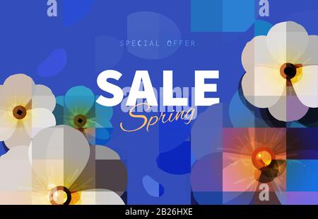 Hello Blue Spring Sale Background Stock Vector Illustration. Realistische Blume, verschwommene, unscharfe Hintergrundkulisse. Makroblumen. Grünes Bokeh. Vorlagen für Stock Vektor