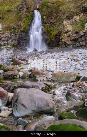 Wunderschöner Küstenwasserfall am malerischen Dorf Bucks Mills, Urlaubsziel, wunderschöner North Devon, Südwesten, Großbritannien Stockfoto