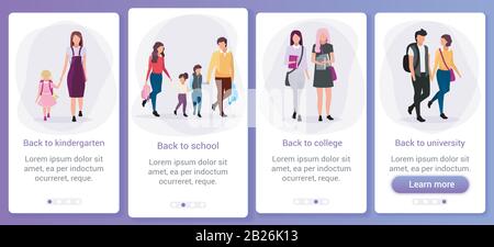 Schulung, erste septembervorlage zum Einsteigen in die mobile App. Zurück zur Schule, Hochschule, Kindergarten, Universität. Website-Schritte mit flach Stock Vektor