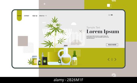 Online-Marihuana-Shop verschiedene Geräte und Zubehör für das Rauchen medizinisches Cannabisöl Hanf Smartphone Bildschirm mobile App Drogenkonsum Konzept Copy-Space horizontaler Flachvektor Illustration Stock Vektor