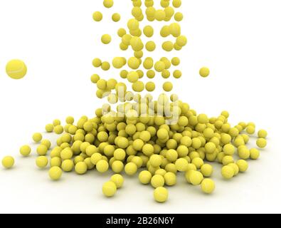 Tennisbälle Pile, 3D-Darstellung von Hunderten von fallenden Tennisbällen, isoliert auf weißem Hintergrund. Stockfoto