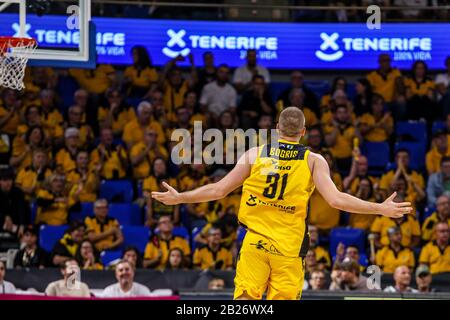 San Cristobal Della Laguna, Spanien. Februar 2020. Georgios Bogris, #31 von Iberostar Tenera während der ACB Liga Endesa Regulären Saison 2019/2020 Runde 22 zwischen Iberostar Tenera und Joventut Badalona bei Pabellón Santiago Martín, San Cristobal de La Laguna - Tenera. (Endstand; Iberostar Tenera - Joventut Badalona 96-90) (Foto von Davide Di Lalla/Pacific Press/Sipa USA) Credit: SIPA USA/Alamy Live News Stockfoto