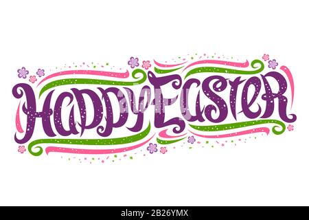 Vektor-Grußkarte für den Osterurlaub, dekorativer Flyer mit geschweifter Kalligraphik, Kunstdesign Locken und Wirbel, Cartoon-Blumen, wirr gebräuselter Typ Stock Vektor