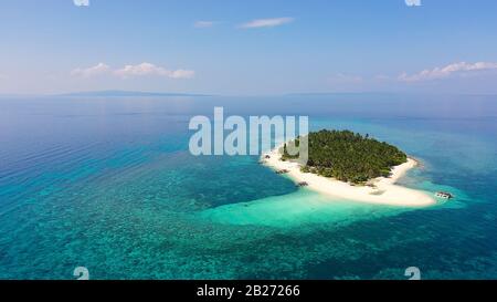 Palmen und türkisfarbenes Wasser auf einer tropischen Insel, Draufsicht. Weißer Sand und Korallenriffe, Digyo Island, Philippinen. Sommerurlaub und tropisches Strandkonzept. Stockfoto