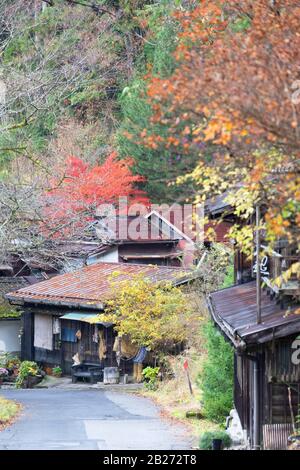 Traditionelle Gebäude am Nakasendo Way, Tsumago, Präfektur Gifu, Japan Stockfoto