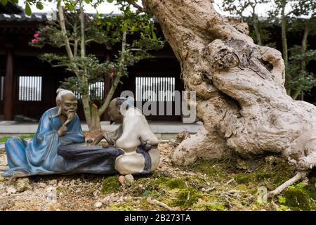 Hongkong - 18. Januar 2020: Nahaufnahme von Miniaturbaum, Bonsai mit chinesischer Keramikpuppe in Chi Lin Nunnery, Kowloon, Eye Level View Stockfoto