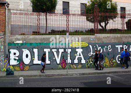 La Paz, Bolivien, 29. Februar 2020: "Bolivien frei von Transgenen Kulturen" Protestmural neben der wichtigsten UMSA-Universität in La Paz. Der kleinere Slogan auf gelbem Hintergrund bedeutet "native Samen in Resistance". Stockfoto