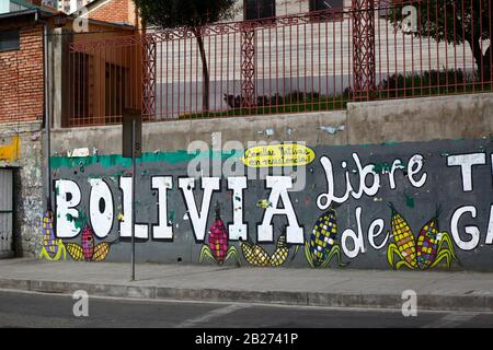 La Paz, Bolivien, 29. Februar 2020: "Bolivien frei von Transgenen Kulturen" Protestmural neben der wichtigsten UMSA-Universität in La Paz. Der kleinere Slogan auf gelbem Hintergrund bedeutet "native Samen in Resistance". Stockfoto