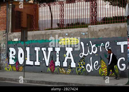 La Paz, Bolivien, 29. Februar 2020: "Bolivien frei von Transgenen Kulturen" Protestmural neben der wichtigsten UMSA-Universität in La Paz. Der kleinere Slogan auf gelbem Hintergrund bedeutet "native Samen in Resistance". Stockfoto