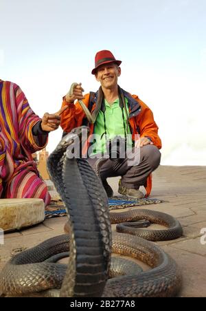 Fröhlicher Tourist, der mit Schlangen fotografiert. Aktivitäten auf dem Jemaa El Fna Platz in Marrakesch (Marokko).