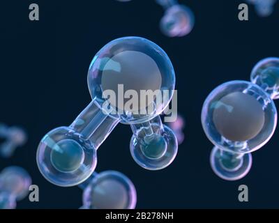 Wassermolekül. Ökologie, Biologie und Biochemie Konzept. 3D-Rendering Stockfoto