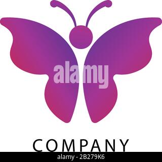 Vorlage mit farbenfrohem Schmetterlingslogo oben abgebildet. Tierlogo Konzept Isoliert auf weißem Hintergrund. Farbe Der Violetten Magentaroten Farbabstufung. Stock Vektor