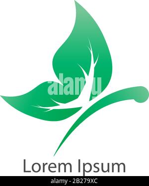 Designvorlage mit abstraktem Flying Leaf Schmetterlingslogo. Tierlogo Konzept Isoliert auf weißem Hintergrund. Bunt mit grüner Farbabstufung. Stock Vektor