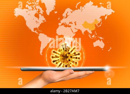 Hand mit Gerät, das Covid-19, Coronavirus, projiziert. HUD und Hologramme. Tablet, Angst vor Märkten und Technologie. Weltwirtschaftskrise. Virus Stockfoto