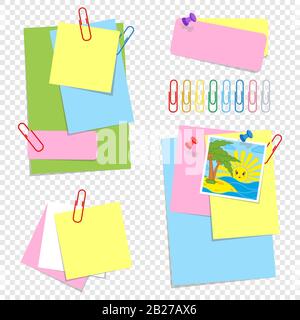 Eine Reihe von farbigen Blätter in verschiedenen Größen und Office Clips. Schönes Cartoon Stil. Einfache flache Vector Illustration auf weißem Hintergrund. Stock Vektor