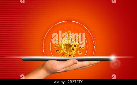 Hand mit Gerät, das Covid-19, Coronavirus, projiziert. HUD und Hologramme. Tablet, Angst vor Märkten und Technologie. Weltwirtschaftskrise. Virus Stockfoto