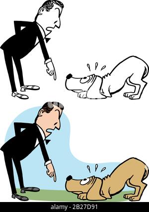 Ein Cartoon eines Mannes, der einen verfehlenden Hund erschimpft. Stock Vektor