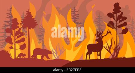 Silhouetten von Wildtieren bei Feuerwaldvektor Flachdarstellung Stock Vektor