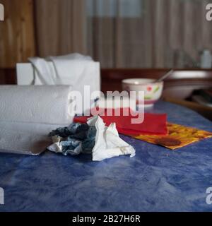 Servietten und Papierhandtuch auf einer Tischplatte in der Küche, im Innenbereich Stockfoto