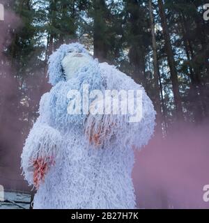 Yeti Märchenfigur im Winterwald. Fantasy-Foto im Freien. Stockfoto