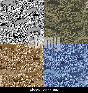 Farbmuster mit nahtlosem Muster, Pixeltarnung. Satz von urbaner, winterlicher, Wald, sandiger Textur. Einfache Vektorgrafiken. Für das Design von Stoff, wr Stock Vektor