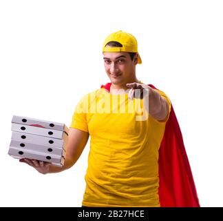 Der Superhelden Pizza Delivery Guy isoliert auf weiß Stockfoto