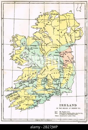 Karte von Irland, in der Regierungszeit von Heinrich VII., zeigt die englischen Blassen, Entarteten englischen und unabhängigen einheimischen Stämmen Stockfoto