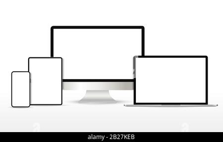 Realistischer Satz an Monitor, Laptop, Tablet und Smartphone Stock Vektor