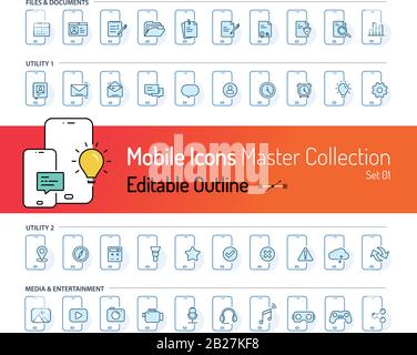 Sammlung mobiler Symbole, Konturendarstellung von Symbolen, Dokumentsymbole, Utility, Medien und Unterhaltung, E-Mail, Nachrichten, Ausrüstungsdienste, digitale Geräte, Musik Stock Vektor