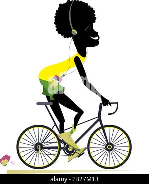 Lächelnder Afrikaner fährt mit dem Fahrrad isolierte Illustration Comic-Cartoon Afrikanischer Mann fährt mit dem Fahrrad und hört Musik auf dem Player mit isolierten Kopfhörern Stock Vektor