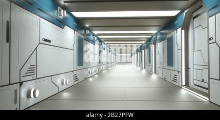 3D-Render. Futuristisches Raumschiff scifi Korridor Architektur Stockfoto