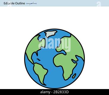 Erdsymbol, Weltsymbol, Weltkarte, Planet Erde, Globe, Bearbeitbarer Schlaganfall, Weltkontinente Stock Vektor