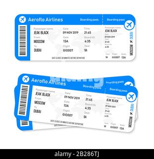 Realistisches Design der Flugtickets mit Passagiernamen. Vektorgrafiken Stock Vektor