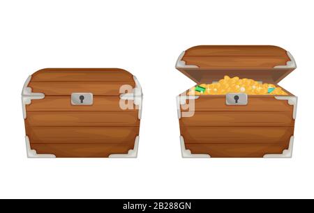 Zwei magische Cartoons aus Holz, offene und geschlossene Thoraxvektor-Flachdarstellung Stock Vektor