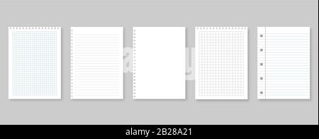 Satz mit Vektorgrafiken Blatt Papier. Gefüttert und quadratisch, auf grauem Hintergrund Stock Vektor