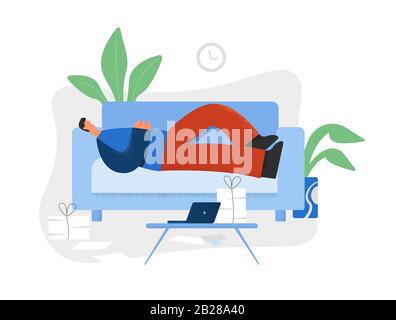 Fauler Mann liegt auf der Couch vor dem Laptop und einer Menge von Dokumenten Stock Vektor