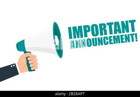 Hand-Holding-Megafon mit Wichtiger Ankündigung. Vektor flach Stock Vektor