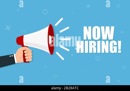 Hand hält Megafon und Ankündigung wir stellen. Vektorgrafiken. Stock Vektor