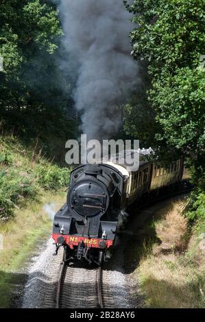 Ein Personen-Dampfzug der North Yorkshire Moors Railway auf dem Weg nach Goathland von Whitby auf den North York Moors, Großbritannien. Die Dampf-Fortbewegung Stockfoto