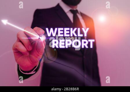 Text Zeichen angezeigt Wochenbericht. Business Foto präsentiert Informationen über das, was innerhalb der Woche bekannt geworden sind, Stockfoto
