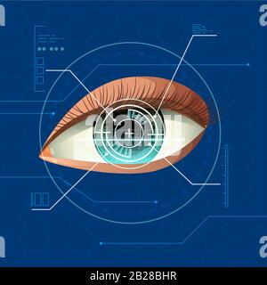 Realistische digitale Zukunftstechnologie für das Scannen von menschlichen Augen auf blauem Infografiehintergrund Stock Vektor
