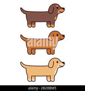 Drei Cartoon-Dachshunde, schwarz, braun und cremefarben. Niedliches und einfaches Hundezeichenset, Vektorclip Art Illustration. Stock Vektor